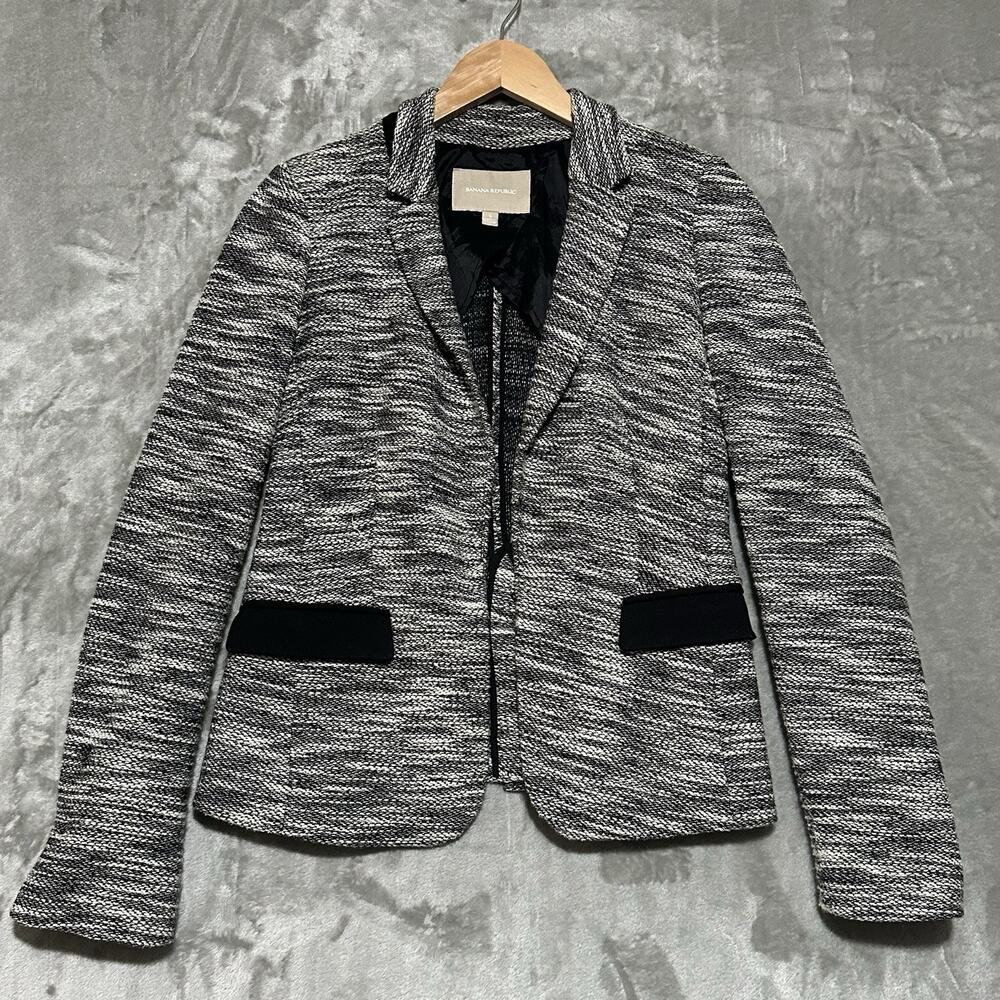 Banana Republic Boucle Tweed Blazer Jacket Womens 6 Black White Corpcore Career